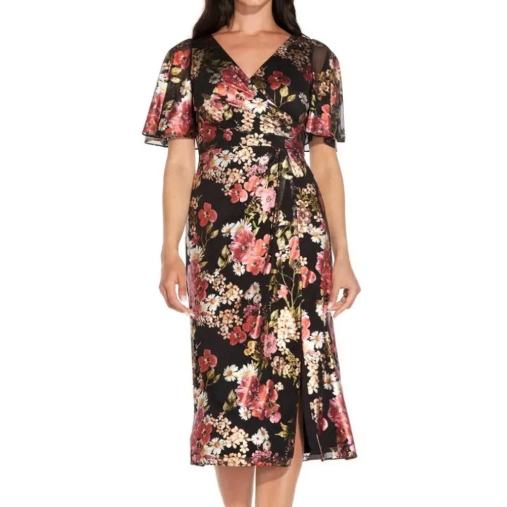 Adrianna Papell Foiled Floral Mesh Midi Dress 6 NWT Black Flutter Sleeve V-Neck